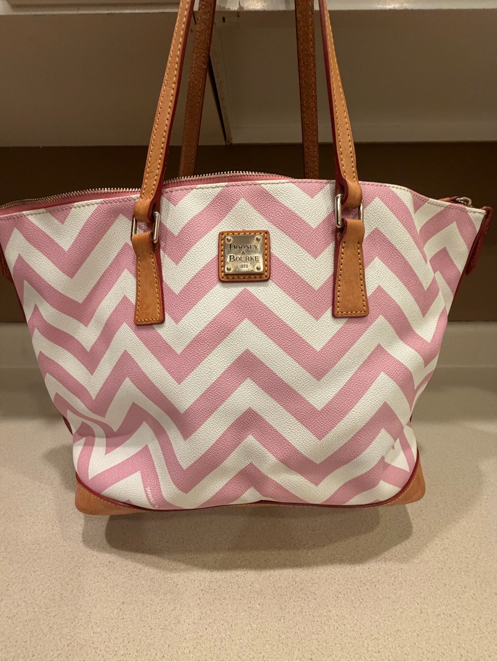 Dooney & Bourke Pink Chevron Tote with Tan Leather Trim